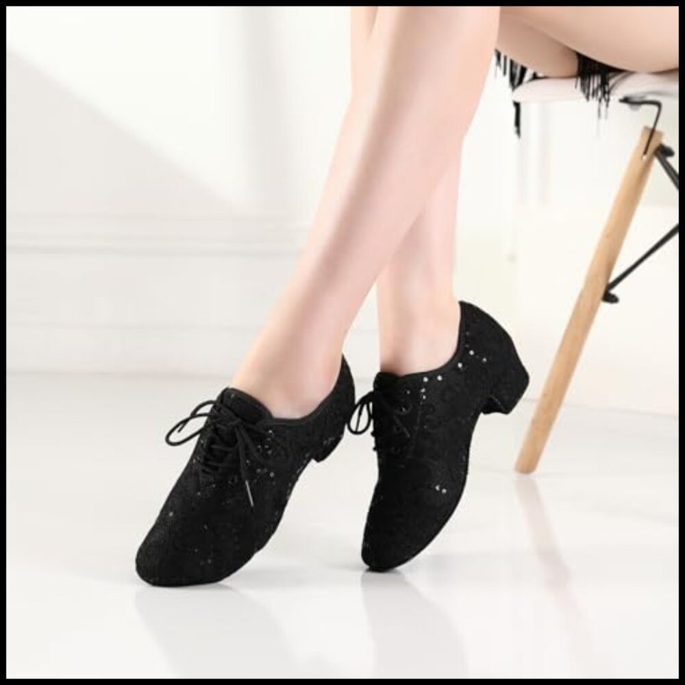 Latin Dance Shoes Lace Up Ballet Practice Elegant Glitter Salsa Teaching - Picture 6 of 7